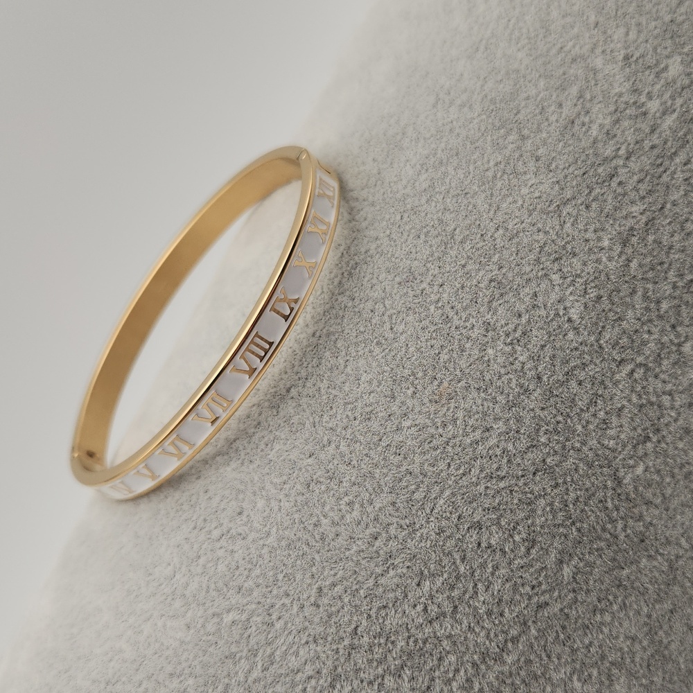 18k Gold Plated Roman Numeral Bangle White TarnishProof Stainless Steel